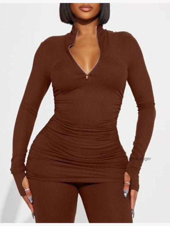 Women's Ribbed Tracksuit Set Half Zip Pullover Leggings Gym Lounge - Picture 3 of 6